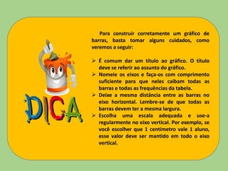 Para construir corretamente um gráfico de
barras, basta tomar alguns cuidados, como
veremos a seguir:
 É comum dar um título ao gráfico. O título
deve se referir ao assunto do gráfico.
 Nomeie os eixos e faça-os com comprimento
suficiente para que neles caibam todas as
barras e todas as frequências da tabela.
 Deixe a mesma distância entre as barras no
eixo horizontal. Lembre-se de que todas as
barras devem ter a mesma largura.
 Escolha uma escala adequada e use-a
regularmente no eixo vertical. Por exemplo, se
você escolher que 1 centímetro vale 1 aluno,
esse valor deve ser mantido em todo o eixo
vertical.
 