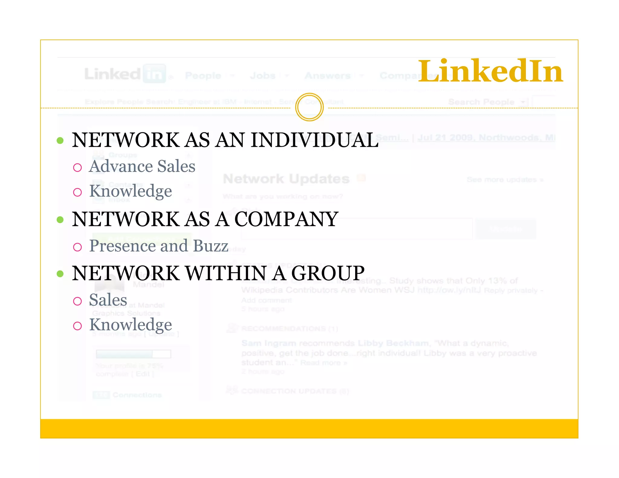 LinkedIn

  NETWORK AS AN INDIVIDUAL
     Advance Sales

     Knowledge

  NETWORK AS A COMPANY
     Presence and Buzz

  NETWORK WITHIN A GROUP
     Sales

     Knowledge
 