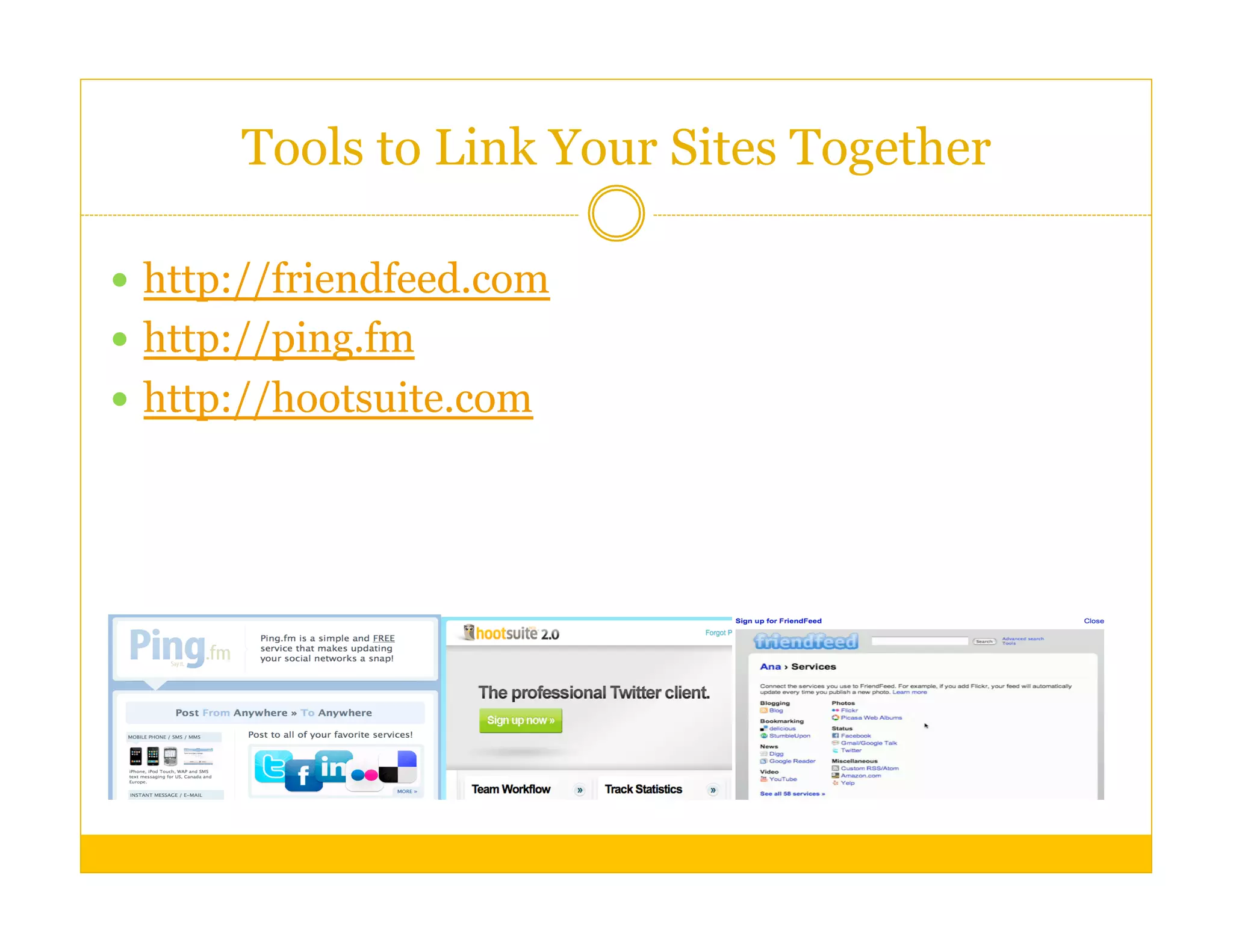 Tools to Link Your Sites Together

  http://friendfeed.com
  http://ping.fm
  http://hootsuite.com
 