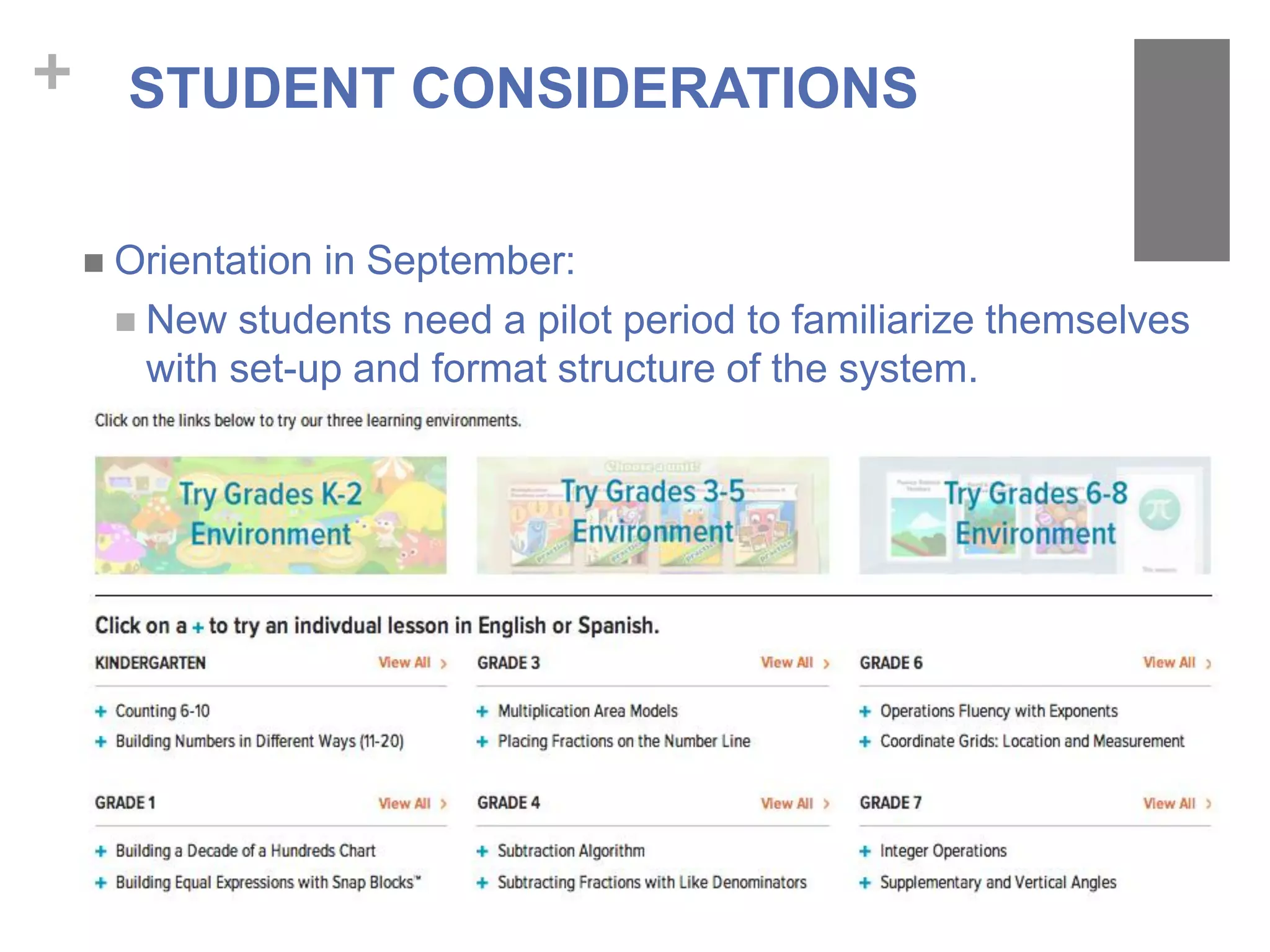 + STUDENT CONSIDERATIONS
 Orientation in September:
 New students need a pilot period to familiarize themselves
with set-up and format structure of the system.
 