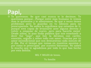  Te queremos. Se que casi nunca te lo decimos. Te
  queremos porque…Porque entre mas humano te vemos
  mas te queremos y te admiramos. Se que a veces tienes
  problemas pero lo guardas en tu silencio para no
  preocuparnos. No sabes lo orgullosos que estamos de ti,
  porque eres capaz de levantarte ante alguna derrota y
  volver a empezar de nuevo, pero para hacerlo mejor.
  Desde niños, la mas linda palabra que nos enseñaste a
  decir fue “papi”, que hoy la decimos con cariño,
  emoción, orgullo y sobre todo con amor. Gracias por tu
  amor incondicional que nos demuestras cada minuto de
  el día. Por el tiempo que tomas en nuestros asuntos y
  por como te preocupas por nuestro bienestar. No sabes
  lo mucho que te agrademos por todo lo que has hecho
  por esta familia.
                     MIL Y MILES de besos,
                            Tu familia
 