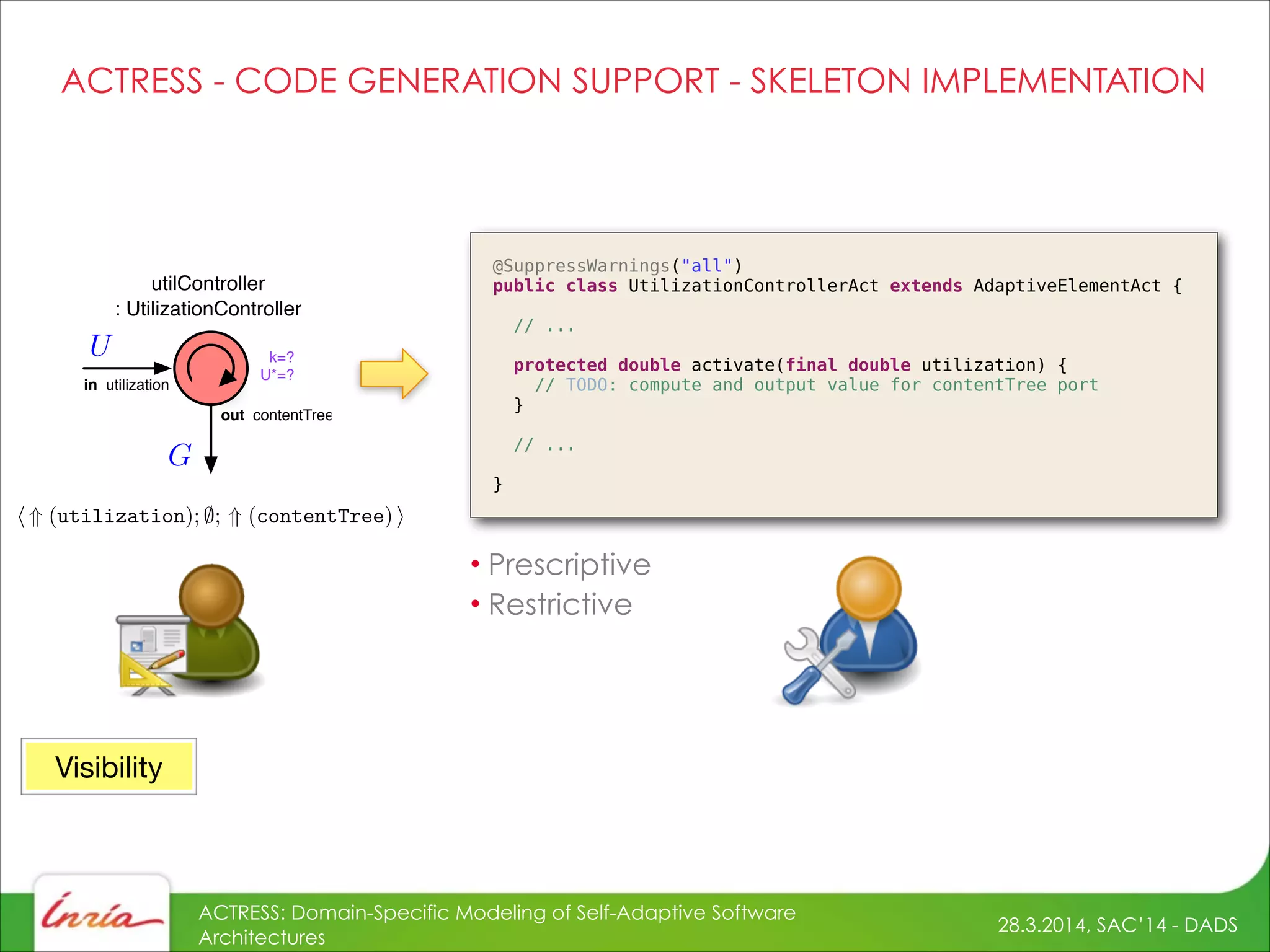 28.3.2014, SAC’14 - DADS
ACTRESS: Domain-Specific Modeling of Self-Adaptive Software
Architectures
ACTRESS - CODE GENERATION SUPPORT - SKELETON IMPLEMENTATION
@SuppressWarnings("all")
public class UtilizationControllerAct extends AdaptiveElementAct {
!
// ...
!
protected double activate(final double utilization) {
// TODO: compute and output value for contentTree port
}
!
// ...
!
}
utilController
: UtilizationController
in utilization
out contentTree
k=?
U*=?
• Prescriptive
• Restrictive
Visibility
 