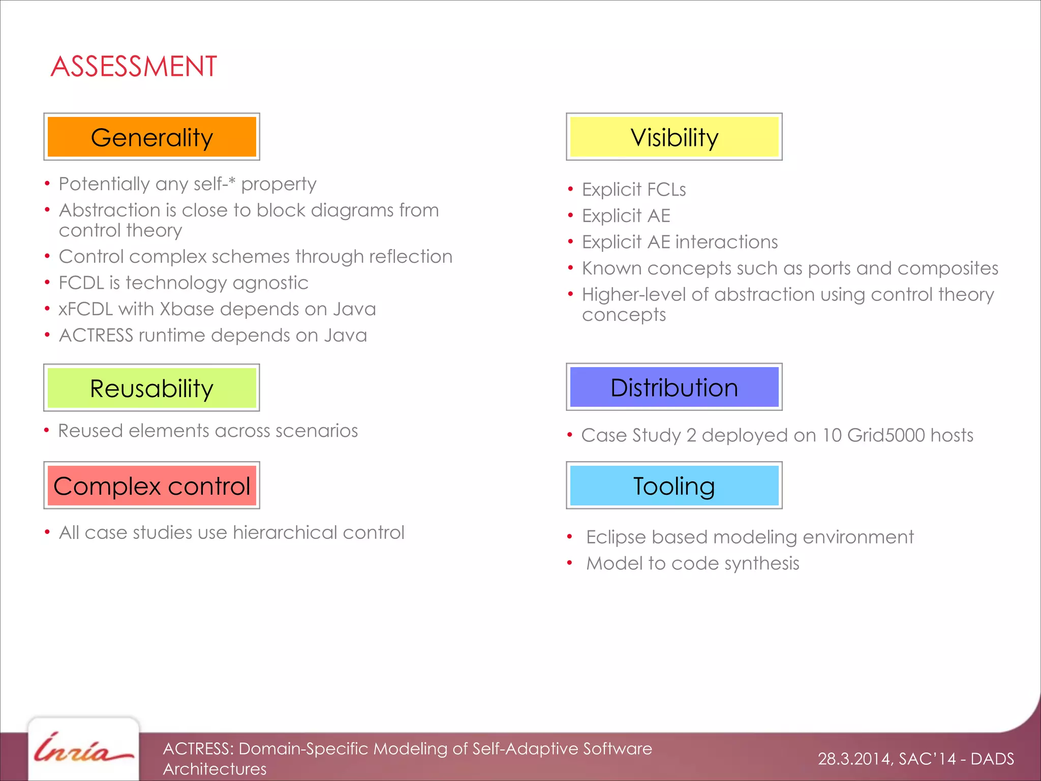 28.3.2014, SAC’14 - DADS
ACTRESS: Domain-Specific Modeling of Self-Adaptive Software
Architectures
ASSESSMENT
Generality Visibility
Reusability
• Reused elements across scenarios
• Potentially any self-* property
• Abstraction is close to block diagrams from
control theory
• Control complex schemes through reflection
• FCDL is technology agnostic
• xFCDL with Xbase depends on Java
• ACTRESS runtime depends on Java
Distribution
Complex control
• Case Study 2 deployed on 10 Grid5000 hosts
• All case studies use hierarchical control • Eclipse based modeling environment
• Model to code synthesis
Tooling
• Explicit FCLs
• Explicit AE
• Explicit AE interactions
• Known concepts such as ports and composites
• Higher-level of abstraction using control theory
concepts
 