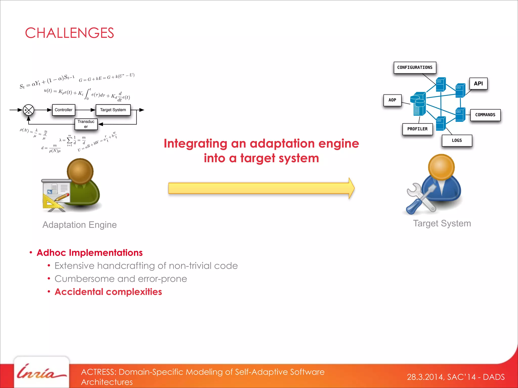 28.3.2014, SAC’14 - DADS
ACTRESS: Domain-Specific Modeling of Self-Adaptive Software
Architectures
Integrating an adaptation engine
into a target system
Adaptation Engine Target System
Controller Target System
Transduc
er
+
-
=
mX
i=1
1
d
=
m
d
⇥(N) =
µ =
m
d
µ
d =
m
(N)µ
API
LOGS
CONFIGURATIONS
COMMANDS
AOP
PROFILER
• Adhoc Implementations
• Extensive handcrafting of non-trivial code
• Cumbersome and error-prone
• Accidental complexities
CHALLENGES
 