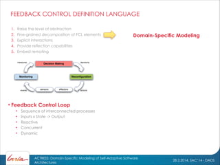 28.3.2014, SAC’14 - DADS
ACTRESS: Domain-Specific Modeling of Self-Adaptive Software
Architectures
1. Raise the level of abstraction
2. Fine-grained decomposition of FCL elements
3. Explicit interactions
4. Provide reflection capabilities
5. Embed remoting
Domain-Specific Modeling
• Feedback Control Loop
• Sequence of interconnected processes
• Inputs x State -> Output
• Reactive
• Concurrent
• Dynamic
Monitoring Reconﬁguration
Decision Making
sensors effectorsevents actions
measures decisions
FEEDBACK CONTROL DEFINITION LANGUAGE
 