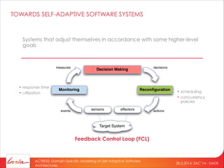 28.3.2014, SAC’14 - DADS
ACTRESS: Domain-Specific Modeling of Self-Adaptive Software
Architectures
TOWARDS SELF-ADAPTIVE SOFTWARE SYSTEMS
Monitoring Reconﬁguration
Decision Making
sensors effectors
Target System
events actions
measures decisions
Feedback Control Loop (FCL)
Systems that adjust themselves in accordance with some higher-level
goals
• response time
• utilization • scheduling
• concurrency
policies
 