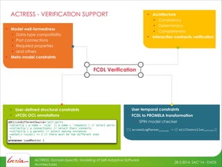 28.3.2014, SAC’14 - DADS
ACTRESS: Domain-Specific Modeling of Self-Adaptive Software
Architectures
ACTRESS - VERIFICATION SUPPORT • Architecture
• Consistency
• Determinacy
• Completeness
• Interaction contracts verification
@OCL(invDifferentSource="self.ports
->select(p | p.name = 'size' || p.name = 'requests') // select ports
->collect(p | p.connections) // select their connects
->collect(p | p.parent) // select owning instances
->asSet()->size() == 2 // there must be two different ones
")
processor LoadMonitor {
• User-defined structural constraints
• xFCDL OCL annotations
• User temporal constraints
• FCDL to PROMELA transformation
• SPIN model checker
⇤ ( accessLogParseractivate ! (⌃ utilControlleractivate))
FCDL Verification
• Model well-formedness
• Data-type compatibility
• Port connections
• Required properties
• and others
• Meta-model constraints
 