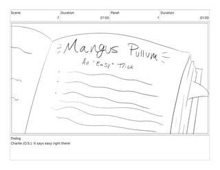 Scene
7
Duration
21 00
Panel
1
Duration
01 00
Dialog
Charlie (O.S.): It says easy right there!
 