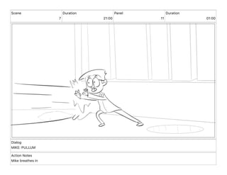 Scene
7
Duration
21 00
Panel
11
Duration
01 00
Dialog
MIKE: PULLUM
Action Notes
Mike breathes in
 