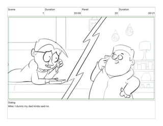 Scene
1
Duration
20 09
Panel
20
Duration
00 21
Dialog
Mike: I dunno my dad kinda said no.
 