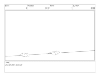 Scene
6
Duration
56 22
Panel
1
Duration
01 00
Dialog
Mike: Wouldn't be lonely
 