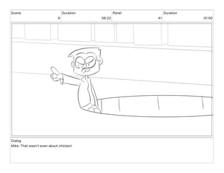 Scene
6
Duration
56 22
Panel
41
Duration
01 00
Dialog
Mike: That wasn't even about chicken!
 