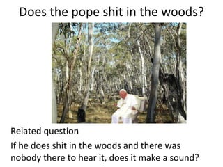 Does the pope shit in the woods? Related question If he does shit in the woods and there was nobody there to hear it, does it make a sound? 