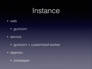Instance
?

web
?

?

service
?

?

gunicorn

gunicorn + customized worker

daemon
?

zookeeper

 