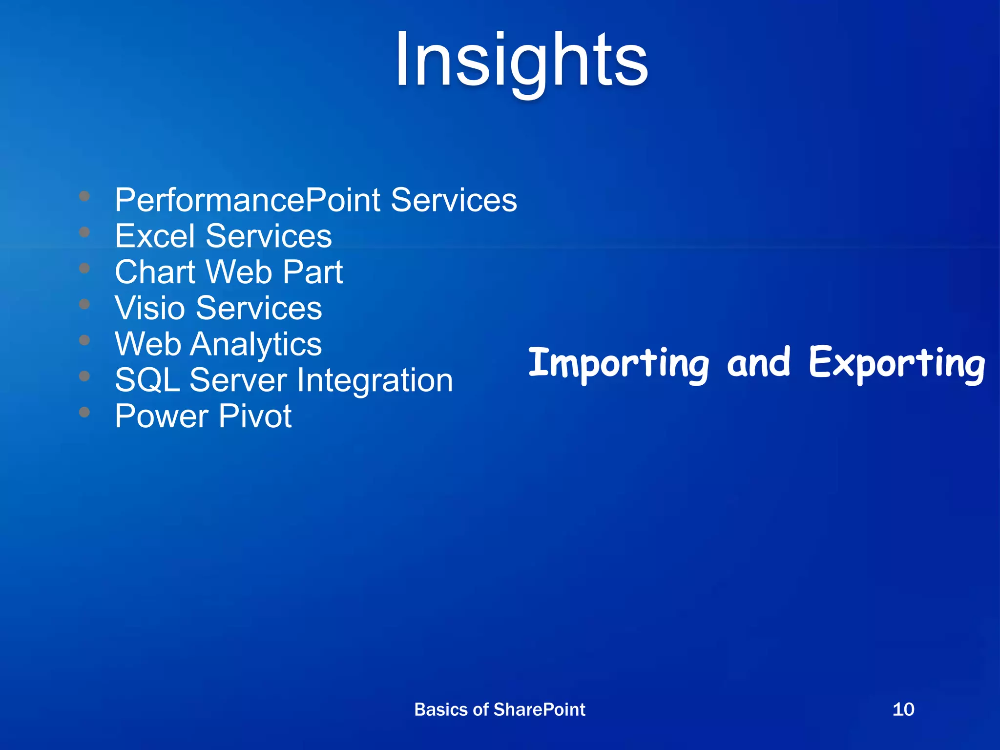 • PerformancePoint Services
• Excel Services
• Chart Web Part
• Visio Services
• Web Analytics
• SQL Server Integration
• Power Pivot
Insights
Importing and Exporting
Basics of SharePoint 10
 