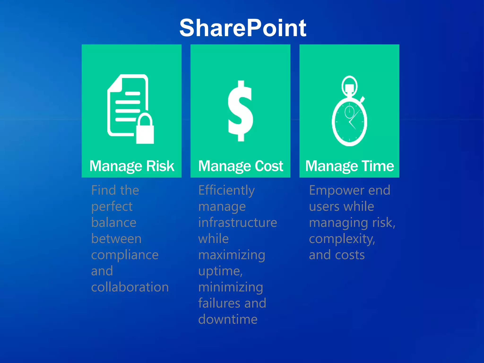 Find the
perfect
balance
between
compliance
and
collaboration
Efficiently
manage
infrastructure
while
maximizing
uptime,
minimizing
failures and
downtime
Empower end
users while
managing risk,
complexity,
and costs
Manage Risk Manage Cost Manage Time
SharePoint
 