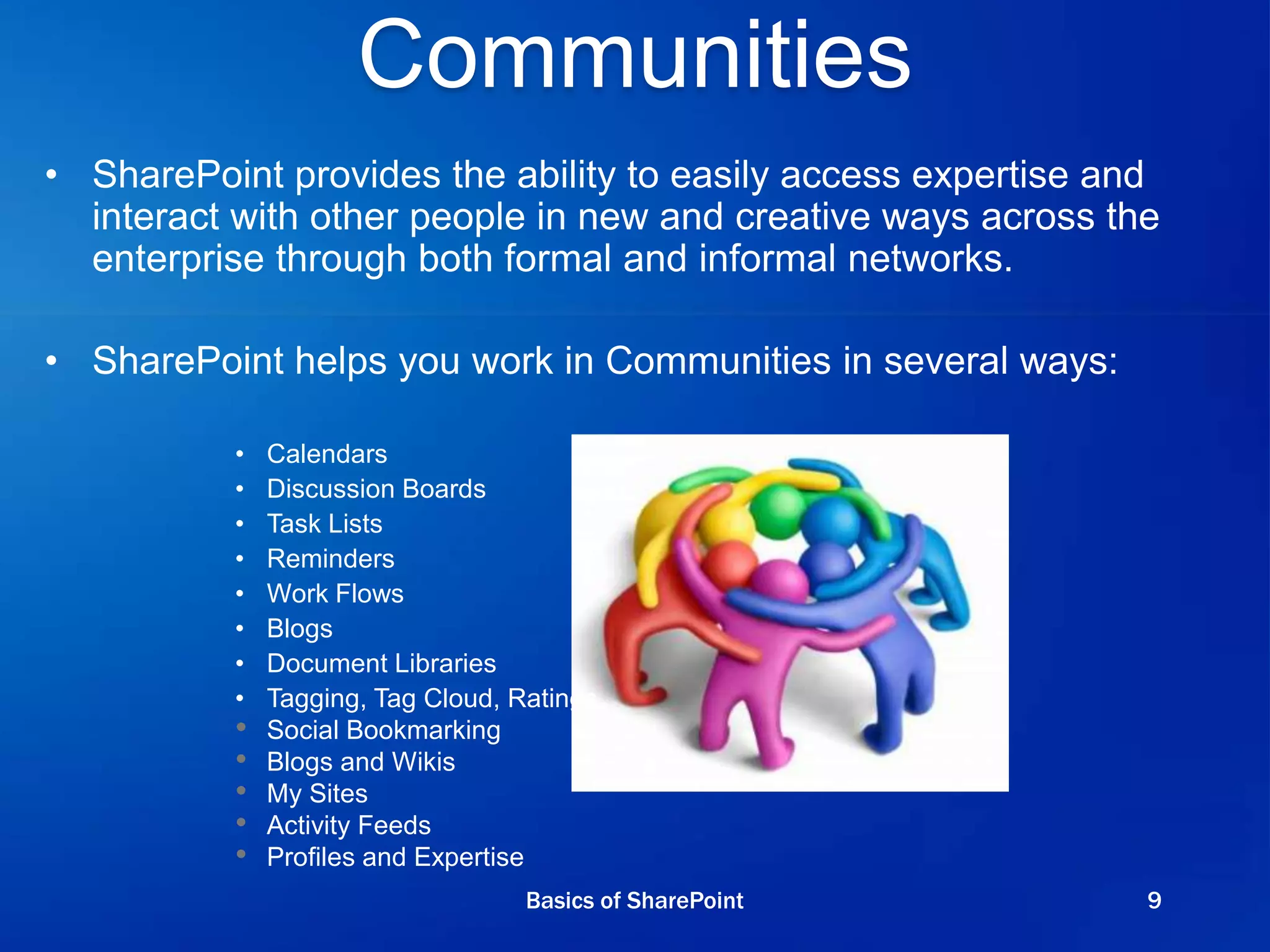 Communities
• SharePoint provides the ability to easily access expertise and
interact with other people in new and creative ways across the
enterprise through both formal and informal networks.
• SharePoint helps you work in Communities in several ways:
• Calendars
• Discussion Boards
• Task Lists
• Reminders
• Work Flows
• Blogs
• Document Libraries
• Tagging, Tag Cloud, Ratings
• Social Bookmarking
• Blogs and Wikis
• My Sites
• Activity Feeds
• Profiles and Expertise
Basics of SharePoint 9
 