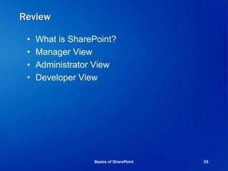 Review
• What is SharePoint?
• Manager View
• Administrator View
• Developer View
Basics of SharePoint 31
 