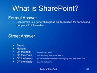 What is SharePoint?
Formal Answer
• SharePoint is a general purpose platform used for connecting
people with information.
Street Answer
• Beast
• Monster
• Off the hook (exceptionally good)
• Off the chain (fun or exciting. See "off the hook.”)
• Off the heezy (or "off the heezy for sheezy" meaning very cool. See "off the hook." )
• Off the hizzle (see "off the hook" )
Basics of SharePoint 32
 