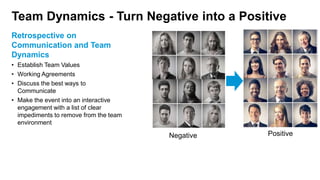 Team Dynamics - Turn Negative into a Positive
Retrospective on
Communication and Team
Dynamics
• Establish Team Values
• Working Agreements
• Discuss the best ways to
Communicate
• Make the event into an interactive
engagement with a list of clear
impediments to remove from the team
environment
Negative Positive
 