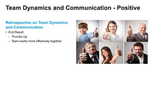 Team Dynamics and Communication - Positive
Retrospective on Team Dynamics
and Communication
• End Result:
– Thumbs Up
– Team works more effectively together
 