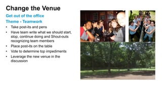 Change the Venue
Get out of the office
Theme - Teamwork
• Take post-its and pens
• Have team write what we should start,
stop, continue doing and Shout-outs
recognizing team members
• Place post-its on the table
• Vote to determine top impediments
• Leverage the new venue in the
discussion
 