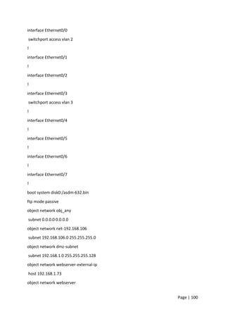 Page | 100
interface Ethernet0/0
switchport access vlan 2
!
interface Ethernet0/1
!
interface Ethernet0/2
!
interface Ethernet0/3
switchport access vlan 3
!
interface Ethernet0/4
!
interface Ethernet0/5
!
interface Ethernet0/6
!
interface Ethernet0/7
!
boot system disk0:/asdm-632.bin
ftp mode passive
object network obj_any
subnet 0.0.0.0 0.0.0.0
object network net-192.168.106
subnet 192.168.106.0 255.255.255.0
object network dmz-subnet
subnet 192.168.1.0 255.255.255.128
object network webserver-external-ip
host 192.168.1.73
object network webserver
 