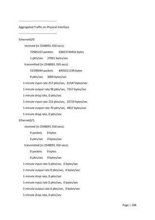 Page | 108
----------------------------------------
Aggregated Traffic on Physical Interface
----------------------------------------
Ethernet0/0:
received (in 2548091.350 secs):
72905322 packets 69823730456 bytes
1 pkts/sec 27001 bytes/sec
transmitted (in 2548091.350 secs):
51590044 packets 8495011336 bytes
0 pkts/sec 3000 bytes/sec
1 minute input rate 257 pkts/sec, 21547 bytes/sec
1 minute output rate 98 pkts/sec, 7257 bytes/sec
1 minute drop rate, 0 pkts/sec
5 minute input rate 153 pkts/sec, 10724 bytes/sec
5 minute output rate 70 pkts/sec, 4852 bytes/sec
5 minute drop rate, 0 pkts/sec
Ethernet0/1:
received (in 2548091.350 secs):
0 packets 0 bytes
0 pkts/sec 0 bytes/sec
transmitted (in 2548091.350 secs):
0 packets 0 bytes
0 pkts/sec 0 bytes/sec
1 minute input rate 0 pkts/sec, 0 bytes/sec
1 minute output rate 0 pkts/sec, 0 bytes/sec
1 minute drop rate, 0 pkts/sec
5 minute input rate 0 pkts/sec, 0 bytes/sec
5 minute output rate 0 pkts/sec, 0 bytes/sec
5 minute drop rate, 0 pkts/sec
 