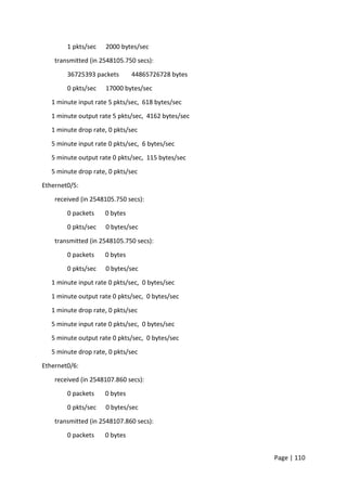 Page | 110
1 pkts/sec 2000 bytes/sec
transmitted (in 2548105.750 secs):
36725393 packets 44865726728 bytes
0 pkts/sec 17000 bytes/sec
1 minute input rate 5 pkts/sec, 618 bytes/sec
1 minute output rate 5 pkts/sec, 4162 bytes/sec
1 minute drop rate, 0 pkts/sec
5 minute input rate 0 pkts/sec, 6 bytes/sec
5 minute output rate 0 pkts/sec, 115 bytes/sec
5 minute drop rate, 0 pkts/sec
Ethernet0/5:
received (in 2548105.750 secs):
0 packets 0 bytes
0 pkts/sec 0 bytes/sec
transmitted (in 2548105.750 secs):
0 packets 0 bytes
0 pkts/sec 0 bytes/sec
1 minute input rate 0 pkts/sec, 0 bytes/sec
1 minute output rate 0 pkts/sec, 0 bytes/sec
1 minute drop rate, 0 pkts/sec
5 minute input rate 0 pkts/sec, 0 bytes/sec
5 minute output rate 0 pkts/sec, 0 bytes/sec
5 minute drop rate, 0 pkts/sec
Ethernet0/6:
received (in 2548107.860 secs):
0 packets 0 bytes
0 pkts/sec 0 bytes/sec
transmitted (in 2548107.860 secs):
0 packets 0 bytes
 