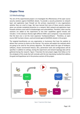 Page | 45
Chapter Three
3.0 Methodology
The aim of this experimental project is to investigate the effectiveness of the open source
security solutions against DoS/DDoS attacks. To provide a security protection to network
layer and application layer firewall are the primary requirement in any organisations
whether they are small or large. We have learned that none of these security solutions
alone can provide completed protection to a network. Both network and application layer
firewalls solutions come with its disadvantages and vulnerabilities. Therefore, other security
solutions are added to this experiment to test their capabilities against threats and
intruders. In the Literature Review eight different WAFs were compared, it was discovered
that the best one is not the most expensive ‘hardware/software.' Therefore, an open
source WAF has been chosen, used and tested against DoS/DDoS attacks in this project.
The targeted beneficiaries are any organisation or businesses that have the website to
deliver their services to clients on the Internet. This section will explain the methods which
are going to be used for the primary objectives. The details about the type of hardware,
software, chosen environment feature, OS’s, penetration tools and configurations will be
specified. In addition to settings, testing the experiment and network topology data will be
gathered during the research. Figure 7 illustrate the test project stages that follow on for
the aim/goals of this study that will conclude with the last step being resulted that address
the goals and hypotheses set in the previous sections of this project.
Figure 7: Experiment Main Stages
 