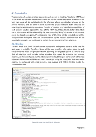Page | 68
4.1 Scenario One
This scenario will contain one test against the web server. In this trial, ‘slowloris’ HTTP flood
DDoS attack will be used on the website which is hosted on the web server machine. In this
test, two users will be participating in the offensive where one attacker is based on the
private network, and the other is built outside the private network. Both attackers are
attacking the website at the same time. The aim of this test is to identify the capabilities of
each security solution against this type of the HTTP DoS/DDoS attacks. Before the attack
starts, information will be collected by the attackers using ‘Nmap’ to receive all information
about the target open ports, IP address and type of OS. Data will be collected and will be
analysed later during the attack on the web server by the network administrator. All the
security technologies are configured to protect the server machine from attackers.
4.1.1 Step One
The first move is to check the web server availabilities and opened ports to make sure the
web server is available. Therefore, Nmap will be used to collect information about the web
server machine inside the private network. Scanning the targeted system is a crucial step
that all attackers need to take before attacking the target. By scanning the targeted
machine, as shown in Figure 28, the attackers will find out the open ports which is the most
important information to collect to attack the target using the open port. The web server
machine is configured with mod_security, mod_evasive and (D)DoS Deflate inside the
Firewall DMZ area.
Figure 28: Nmap Scan Result for the webserver
 