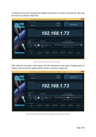 Page | 82
In below test we have changed the software parameters to slower and wait for reply and
the result is as shown in figure 48.
Figure 48: LOIC software test result on slower
LOIC software had been tested again and the parameters have been changed peed to
medium and not wait for replay and the result is as shown in Figure 49.
Figure 49: LOIC software test with not waiting for reply and medium speed
 