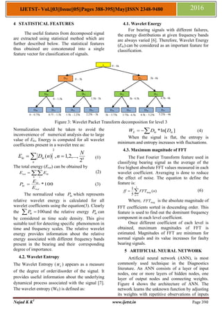 Najad K K1
www.ijetst.in Page 390
IJETST- Vol.||03||Issue||05||Pages 388-395||May||ISSN 2348-9480 2016
4 STATISTICAL FEATURES
The useful features from decomposed signal
are extracted using statistical method which are
further described below. The statistical features
thus obtained are concatenated into a single
feature vector for classification of signals.
4.1. Wavelet Energy
For bearing signals with different failures,
the energy distributions at given frequency bands
are always varied [6]. Therefore, Wavelet Energy
(Eki) can be considered as an important feature for
classification.
Figure 3: Wavelet Packet Transform decomposition for level 3
Normalization should be taken to avoid the
inconvenience of 2numerical analysis due to large
value of Eki, Energy is computed for all wavelet
coefficients present in a wavelet tree as:
k
n
kiki
N
nnDE
2
,...,2,1,)(
2
  (1)
The total energy (Etot) can be obtained by

k i
kitot EE (2)
100*
tot
ki
ki
E
E
P  (3)
The normalized value kiP which represents
relative wavelet energy is calculated for all
wavelet coefficients using the equation(3). Clearly
the 100 kiP and the relative energy kiP can
be considered as time scale density. This give
suitable tool for detecting specificephenomenon in
time and frequency scales. The relative wavelet
energy provides information about the relative
energyzassociated with different frequency bands
present in the bearing and their icorresponding
degree of importance.
4.2. Wavelet Entropy
The Wavelet Entropy ( EW ) appears as a measure
of the degree of order/disorder of the signal. It
provides useful information about the underlying
dynamical process associated with the signal [7].
The wavelet entropy (WE) is defined as:
 ]ln[* kikiE DDW (4)
When the signal is flat, the entropy is
minimum and entropy increases with fluctuations.
4.3. Maximum magnitude of FFT
The Fast Fourier Transform feature used in
classifying bearing signal as the average of the
five highest absolute FFT values measured in each
wavelet coefficient. Averaging is done to reduce
the effect of noise. The equation to define the
feature is:


5
1
)(
5
1
n
mag nFFTff (6)
Where, magFFT is the absolute magnitude of
FFT coefficients sorted in descending order. This
feature is used to find out the dominant frequency
component in each level coefficient.
Once different coefficient of each level is
obtained, maximum magnitudes of FFT is
estimated. Magnitudes of FFT are minimum for
normal signals and its value increases for faulty
bearing signals.
5 ARTIFICIAL NEURAL NETWORK
Artificial neural network (ANN), is most
commonly used technique in the Diagnostics
literature. An ANN consists of a layer of input
nodes, one or more layers of hidden nodes, one
layer of output nodes and connecting weights.
Figure 4 shows the architecture of ANN. The
network learns the unknown function by adjusting
its weights with repetitive observations of inputs
0 – 0.75k 1.5k – 2.25k0.75 – 1.5k
4.5k– 6k
5.25k – 6k3k – 3.75k2.25k – 3k
D10 D11
D20 D21
x
D30 D31
D22 D23
D32 D33 D37D34
0 – 6k
0 – 3k 3k– 6k
1.5k– 3k
4.5k – 5.25k
3k– 4.5k0 – 1.5k
3.75k –4.5k
D35 D36
 