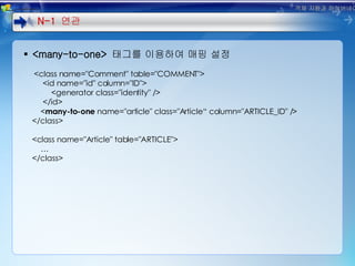 <many-to-one>  태그를 이용하여 매핑 설정 <class name="Comment" table="COMMENT"> <id name="id" column="ID"> <generator class="identity" /> </id> < many-to-one  name="article" class="Article“ column="ARTICLE_ID" /> </class> <class name="Article" table="ARTICLE"> … </class> N-1  연관 객체 지향과 하이버네이트 