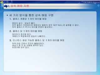 세 가지 방식을 통한 상속 매핑 구현 1.  클래스 계층당  1 개의 테이블 매핑 매핑이 쉽고 ,  성능이 좋다 . 하위 클래스 프로퍼티와 매핑되는 컬럼의 경우  NOT NULL 로 설정할 수 없다 . 하위 클래스가 추가시 테이블 변경이 필요하다 . 2.  클래스 당  1 개의 테이블 매핑 데이터가 정규화 된다 . 계층도가 복잡해지면 성능이 나빠진다 . 3.  인스턴스 생성 가능한 클래스 당  1 개의 테이블 매핑 하위 타입 조회시 조인이 불필요하다 . 생성기 등 키 값 사용에 제약이 있다 . 비정규화 되어 있다 . 상속 매핑 지원 객체 지향과 하이버네이트 