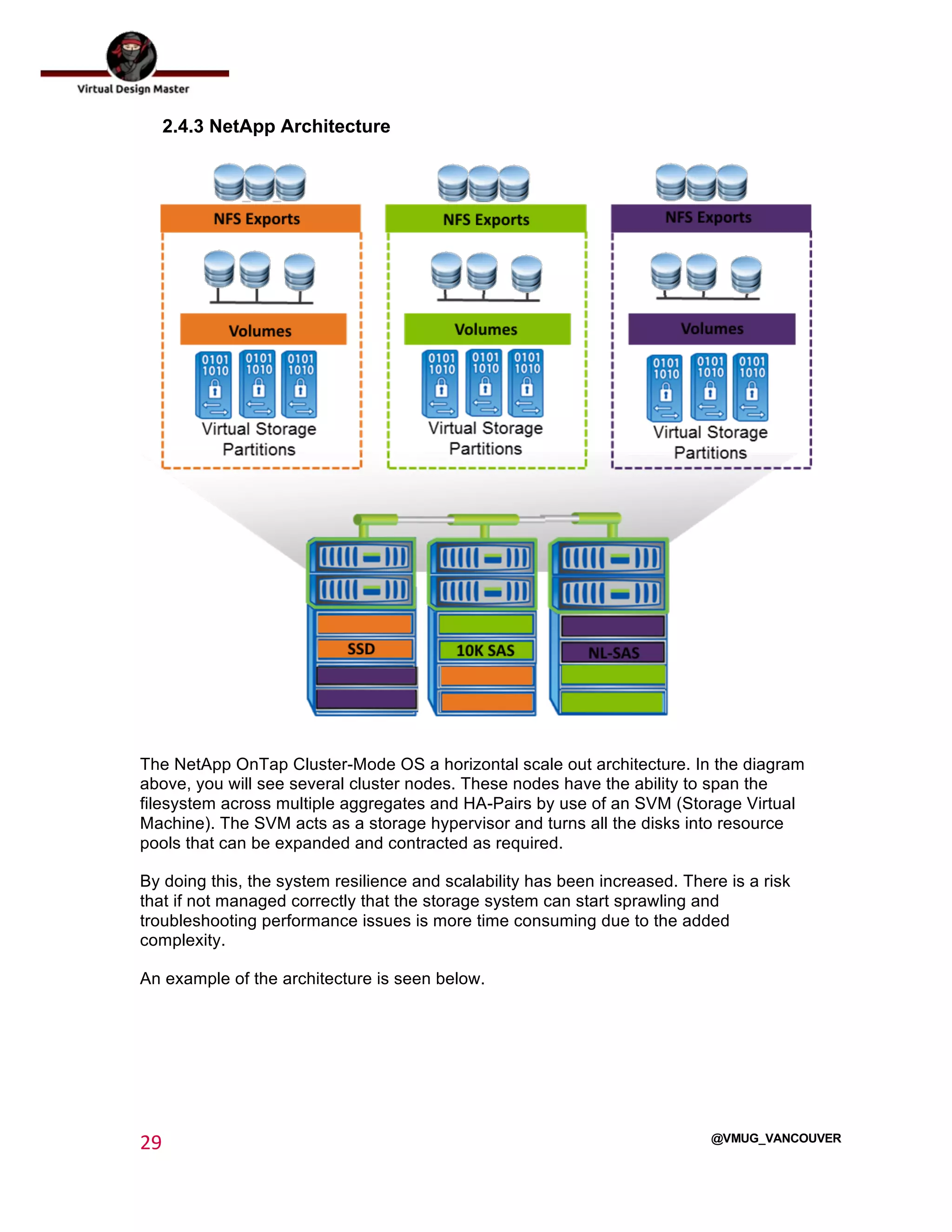  
29	
  
	
  
@VMUG_VANCOUVER
2.4.3 NetApp Architecture
The NetApp OnTap Cluster-Mode OS a horizontal scale out architecture. In the diagram
above, you will see several cluster nodes. These nodes have the ability to span the
filesystem across multiple aggregates and HA-Pairs by use of an SVM (Storage Virtual
Machine). The SVM acts as a storage hypervisor and turns all the disks into resource
pools that can be expanded and contracted as required.
By doing this, the system resilience and scalability has been increased. There is a risk
that if not managed correctly that the storage system can start sprawling and
troubleshooting performance issues is more time consuming due to the added
complexity.
An example of the architecture is seen below.
 
