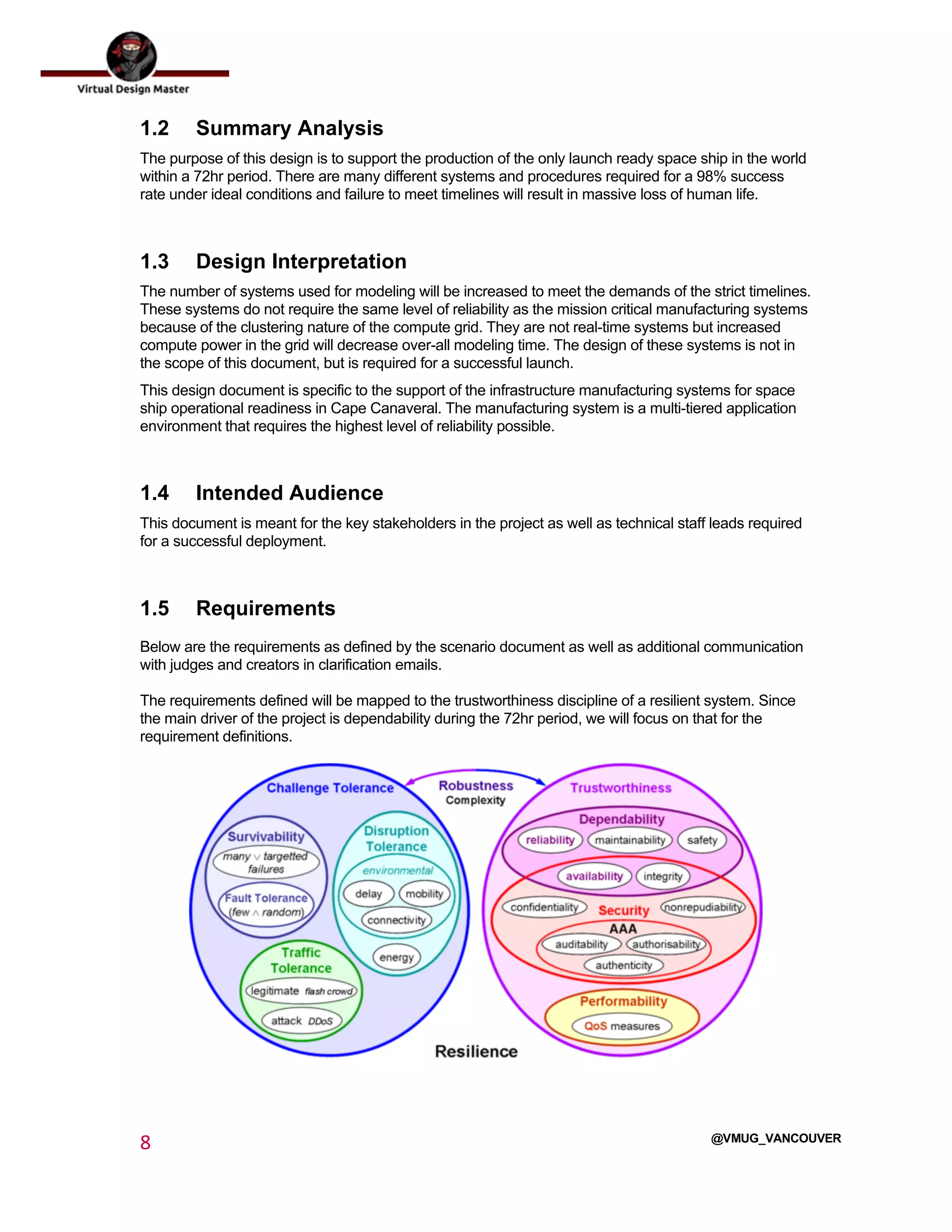  
8	
  
	
  
@VMUG_VANCOUVER
1.2 Summary Analysis
The purpose of this design is to support the production of the only launch ready space ship in the world
within a 72hr period. There are many different systems and procedures required for a 98% success
rate under ideal conditions and failure to meet timelines will result in massive loss of human life.
1.3 Design Interpretation
The number of systems used for modeling will be increased to meet the demands of the strict timelines.
These systems do not require the same level of reliability as the mission critical manufacturing systems
because of the clustering nature of the compute grid. They are not real-time systems but increased
compute power in the grid will decrease over-all modeling time. The design of these systems is not in
the scope of this document, but is required for a successful launch.
This design document is specific to the support of the infrastructure manufacturing systems for space
ship operational readiness in Cape Canaveral. The manufacturing system is a multi-tiered application
environment that requires the highest level of reliability possible.
1.4 Intended Audience
This document is meant for the key stakeholders in the project as well as technical staff leads required
for a successful deployment.
1.5 Requirements
Below are the requirements as defined by the scenario document as well as additional communication
with judges and creators in clarification emails.
The requirements defined will be mapped to the trustworthiness discipline of a resilient system. Since
the main driver of the project is dependability during the 72hr period, we will focus on that for the
requirement definitions.
 
