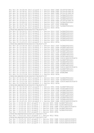 Thu Nov 28 18:28:44 2013 plugoff 0 : Device 6860 04E8 0019F7E758817E
Thu Nov 28 18:38:41 2013 plugoff 0 : Device 685B 04E8 0019F7E758817E
Thu Nov 28 18:40:20 2013 plugoff 0 : Device 6860 04E8 0019F7E758817E
Thu Nov 28 18:46:49 2013 plugoff 0 : Device 0416 192F 5&2AA2F662&0&1
Thu Nov 28 18:49:43 2013 plugoff 0 : Device 0416 192F 5&2AA2F662&0&1
Thu Nov 28 19:14:19 2013 plugoff 0 : Device 0416 192F 5&2AA2F662&0&1
Thu Nov 28 20:03:34 2013 plugoff 0 : Device 685B 04E8 0019F7E758817E
Thu Nov 28 20:04:53 2013 plugoff 0 : Device 0416 192F 5&2AA2F662&0&1
Thu Nov 28 20:07:08 2013 plugoff 0 : Device 6387 058F R9GW1KNN
Thu Nov 28 20:34:37 2013 plugoff 0 : Device 0416 192F 5&2AA2F662&0&1
Thu Nov 28 20:41:50 2013 plugoff 0 : Device 8020 0FCA
2CECB63E14EB90E95F4430D61D2124A35D371397
Thu Nov 28 20:54:51 2013 plugoff 0 : Device 0416 192F 5&2AA2F662&0&1
Thu Nov 28 20:54:54 2013 plugoff 0 : Device 0416 192F 5&2AA2F662&0&1
Thu Nov 28 20:55:11 2013 plugoff 0 : Device 0416 192F 5&2AA2F662&0&1
Thu Nov 28 20:57:23 2013 plugoff 0 : Device 0416 192F 5&2AA2F662&0&1
Thu Nov 28 21:01:32 2013 plugoff 0 : Device 0416 192F 5&2AA2F662&0&1
Thu Nov 28 21:14:16 2013 plugoff 0 : Device 0416 192F 5&2AA2F662&0&1
Thu Nov 28 21:23:33 2013 plugoff 0 : Device 8012 0FCA
2CECB63E14EB90E95F4430D61D2124A35D371397
Thu Nov 28 23:18:24 2013 plugoff 0 : Device 0416 192F 5&2AA2F662&0&1
Thu Nov 28 23:18:43 2013 plugoff 0 : Device 0001 046A 6&2EEF7B92&0&2
Thu Nov 28 23:18:43 2013 plugoff 1 : Device 0003 046A 5&2B328A55&0&2
Thu Nov 28 23:18:43 2013 plugoff 2 : Device 0596 076B 6&2EEF7B92&0&1
Thu Nov 28 23:18:43 2013 plugoff 3 : Device 0416 192F 5&2AA2F662&0&1
Fri Nov 29 07:42:32 2013 plugoff 0 : Device 0001 046A 6&2EEF7B92&0&2
Fri Nov 29 07:42:32 2013 plugoff 1 : Device 0003 046A 5&2B328A55&0&2
Fri Nov 29 07:42:32 2013 plugoff 2 : Device 004C 04B8 5242414B3030393879
Fri Nov 29 07:42:32 2013 plugoff 3 : Device 0596 076B 6&2EEF7B92&0&1
Fri Nov 29 07:42:32 2013 plugoff 4 : Device 0416 192F 5&2AA2F662&0&1
Fri Nov 29 15:00:13 2013 plugoff 0 : Device 0001 046A 6&2EEF7B92&0&2
Fri Nov 29 15:00:13 2013 plugoff 1 : Device 0003 046A 5&2B328A55&0&2
Fri Nov 29 15:00:13 2013 plugoff 2 : Device 004C 04B8 5242414B3030393879
Fri Nov 29 15:00:13 2013 plugoff 3 : Device 0596 076B 6&2EEF7B92&0&1
Fri Nov 29 15:00:13 2013 plugoff 4 : Device 0416 192F 5&2AA2F662&0&1
Fri Nov 29 21:09:34 2013 plugoff 0 : Device 6387 058F R9GW1KNN
Fri Nov 29 21:37:36 2013 plugoff 0 : Device 8020 0FCA
2CECB63E14EB90E95F4430D61D2124A35D371397
Fri Nov 29 22:41:07 2013 plugoff 0 : Device 0416 192F 5&2AA2F662&0&1
Fri Nov 29 22:44:42 2013 plugoff 0 : Device 0416 192F 5&2AA2F662&0&1
Fri Nov 29 23:27:24 2013 plugoff 0 : Device 004C 04B8 5242414B3030393879
Fri Nov 29 23:28:36 2013 plugoff 0 : Device 8012 0FCA
2CECB63E14EB90E95F4430D61D2124A35D371397
Sat Nov 30 00:18:46 2013 plugoff 0 : Device 0001 046A 6&2EEF7B92&0&2
Sat Nov 30 00:18:47 2013 plugoff 1 : Device 0003 046A 5&2B328A55&0&2
Sat Nov 30 00:18:47 2013 plugoff 2 : Device 0596 076B 6&2EEF7B92&0&1
Sat Nov 30 00:18:47 2013 plugoff 3 : Device 0416 192F 5&2AA2F662&0&1
Sat Nov 30 14:53:35 2013 plugoff 0 : Device 0001 046A 6&2EEF7B92&0&2
Sat Nov 30 14:53:36 2013 plugoff 1 : Device 0003 046A 5&2B328A55&0&2
Sat Nov 30 14:53:36 2013 plugoff 2 : Device 0596 076B 6&2EEF7B92&0&1
Sat Nov 30 14:53:36 2013 plugoff 3 : Device 0416 192F 5&2AA2F662&0&1
Sat Nov 30 21:07:01 2013 plugoff 0 : Device 004C 04B8 5242414B3030393879
Tue Dec 3 15:02:54 2013 plugoff 0 : Device 0001 046A 6&2EEF7B92&0&2
Tue Dec 3 15:02:54 2013 plugoff 1 : Device 0003 046A 5&2B328A55&0&2
Tue Dec 3 15:02:54 2013 plugoff 2 : Device 004C 04B8 5242414B3030393879
Tue Dec 3 15:02:54 2013 plugoff 3 : Device 0596 076B 6&2EEF7B92&0&1
Tue Dec 3 15:02:54 2013 plugoff 4 : Device 0416 192F 5&2AA2F662&0&1
Tue Dec 3 18:53:28 2013 plugoff 0 : Device 8020 0FCA
2CECB63E14EB90E95F4430D61D2124A35D371397
Tue Dec 3 19:21:52 2013 plugoff 0 : Device 8012 0FCA
2CECB63E14EB90E95F4430D61D2124A35D371397
Tue Dec 3 19:25:33 2013 plugoff 0 : Device 004C 04B8 5242414B3030393879
Tue Dec 3 19:26:28 2013 plugoff 0 : Device 004C 04B8 5242414B3030393879
Tue Dec 3 19:26:51 2013 plugoff 0 : Device 004C 04B8 5242414B3030393879

 