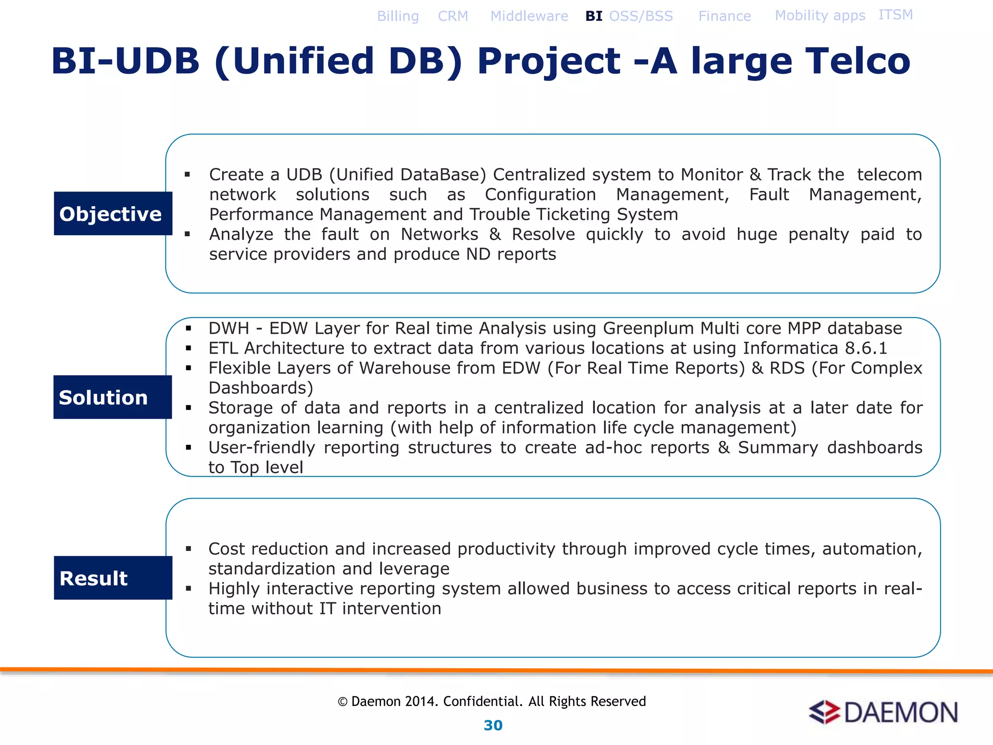  Create a UDB (Unified DataBase) Centralized system to Monitor & Track the telecom
network solutions such as Configuration Management, Fault Management,
Performance Management and Trouble Ticketing System
 Analyze the fault on Networks & Resolve quickly to avoid huge penalty paid to
service providers and produce ND reports
 DWH - EDW Layer for Real time Analysis using Greenplum Multi core MPP database
 ETL Architecture to extract data from various locations at using Informatica 8.6.1
 Flexible Layers of Warehouse from EDW (For Real Time Reports) & RDS (For Complex
Dashboards)
 Storage of data and reports in a centralized location for analysis at a later date for
organization learning (with help of information life cycle management)
 User-friendly reporting structures to create ad-hoc reports & Summary dashboards
to Top level
 Cost reduction and increased productivity through improved cycle times, automation,
standardization and leverage
 Highly interactive reporting system allowed business to access critical reports in real-
time without IT intervention
Objective
Solution
Result
Billing CRM Middleware BI OSS/BSS Finance Mobility apps ITSM
BI-UDB (Unified DB) Project -A large Telco
30
© Daemon 2014. Confidential. All Rights Reserved
 