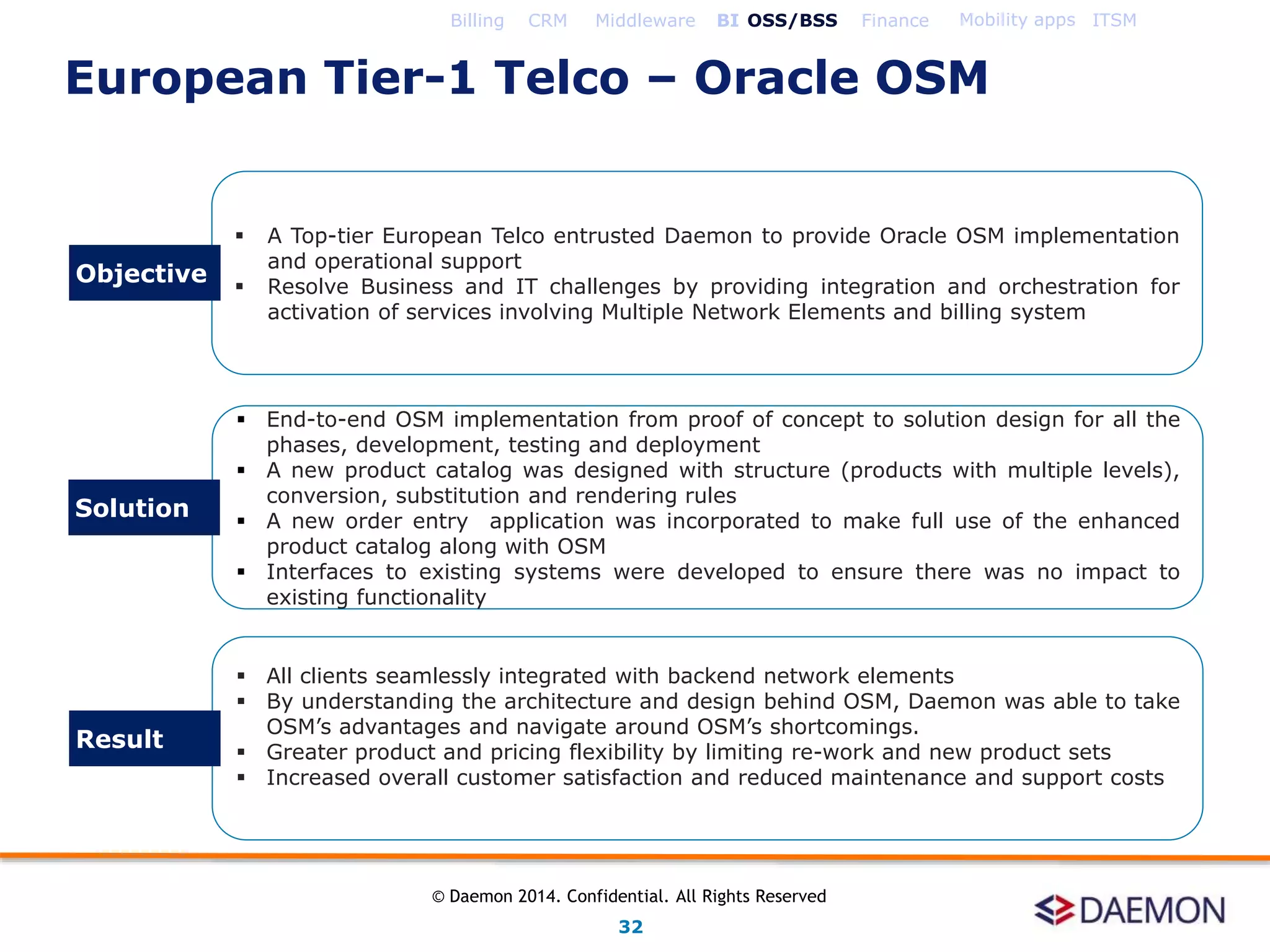  A Top-tier European Telco entrusted Daemon to provide Oracle OSM implementation
and operational support
 Resolve Business and IT challenges by providing integration and orchestration for
activation of services involving Multiple Network Elements and billing system
 End-to-end OSM implementation from proof of concept to solution design for all the
phases, development, testing and deployment
 A new product catalog was designed with structure (products with multiple levels),
conversion, substitution and rendering rules
 A new order entry application was incorporated to make full use of the enhanced
product catalog along with OSM
 Interfaces to existing systems were developed to ensure there was no impact to
existing functionality
 All clients seamlessly integrated with backend network elements
 By understanding the architecture and design behind OSM, Daemon was able to take
OSM’s advantages and navigate around OSM’s shortcomings.
 Greater product and pricing flexibility by limiting re-work and new product sets
 Increased overall customer satisfaction and reduced maintenance and support costs
Objective
Solution
Result
Billing CRM Middleware BI OSS/BSS Finance Mobility apps ITSM
European Tier-1 Telco – Oracle OSM
32
© Daemon 2014. Confidential. All Rights Reserved
 