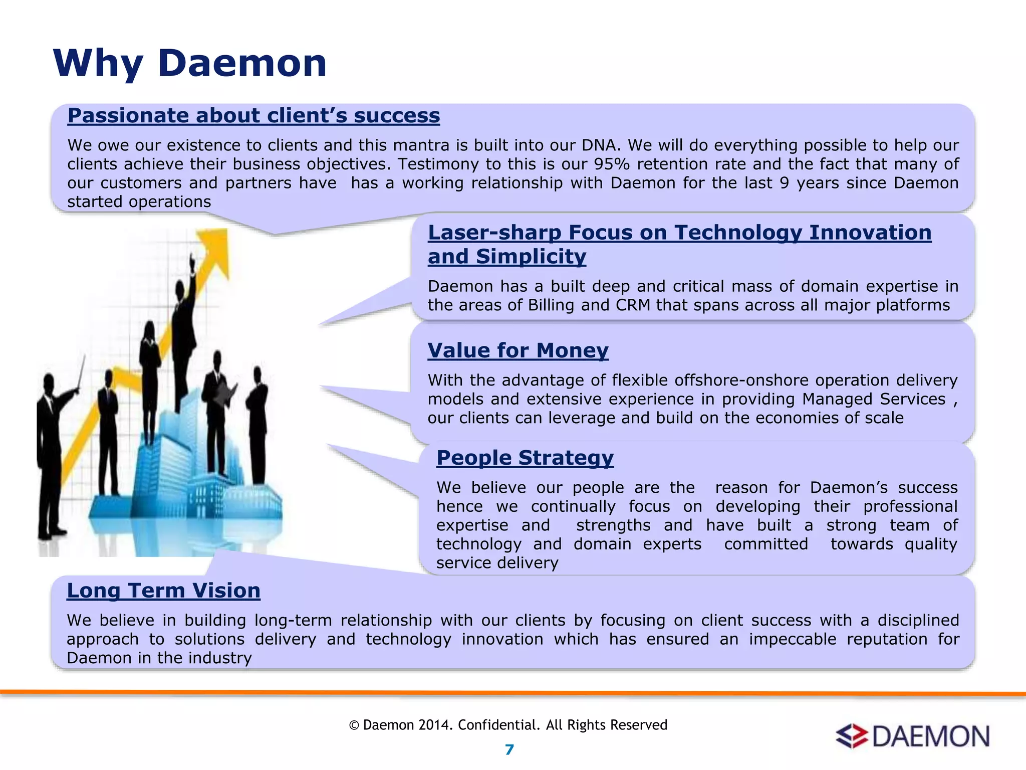 Passionate about client’s success
We owe our existence to clients and this mantra is built into our DNA. We will do everything possible to help our
clients achieve their business objectives. Testimony to this is our 95% retention rate and the fact that many of
our customers and partners have has a working relationship with Daemon for the last 9 years since Daemon
started operations
Value for Money
With the advantage of flexible offshore-onshore operation delivery
models and extensive experience in providing Managed Services ,
our clients can leverage and build on the economies of scale
Laser-sharp Focus on Technology Innovation
and Simplicity
Daemon has a built deep and critical mass of domain expertise in
the areas of Billing and CRM that spans across all major platforms
People Strategy
We believe our people are the reason for Daemon’s success
hence we continually focus on developing their professional
expertise and strengths and have built a strong team of
technology and domain experts committed towards quality
service delivery
Long Term Vision
We believe in building long-term relationship with our clients by focusing on client success with a disciplined
approach to solutions delivery and technology innovation which has ensured an impeccable reputation for
Daemon in the industry
Why Daemon
7
© Daemon 2014. Confidential. All Rights Reserved
 