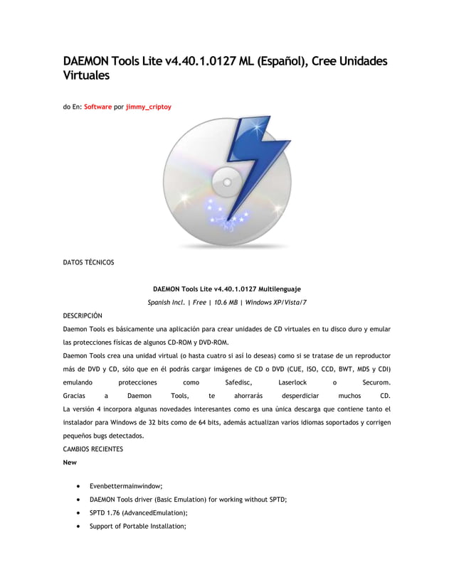 Daemon tools lite v4.40.1.0127 ml (español), cree unidades virtuales PDF