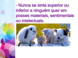 - Nunca se sinta superior ou
inferior a ninguém quer em
posses materiais, sentimentais
ou intelectuais.
 