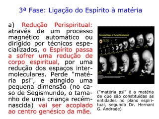 2ª Fase: Contato fluídico com os pais
É a fase em que o reencarnante, em contato
mais íntimo com os futuros pais, vai prepa-
rando-se para a nova existência. André Luiz
diz que é uma fase importante, onde o Espí-
rito mantém-se em processo de ligação fluí-
dica direta com os pais. A medida que se in-
tensifica semelhante aproximação, o reen-
carnante vai perdendo os pontos de contato
com a esfera espiritual.
 
