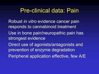 Clinical data: Pain
Trial evidence supports oral use in cancer
pain, in addition to usual therapy
Small studies using smok...
