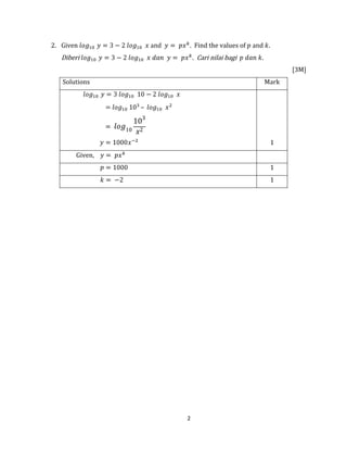 2
2. Given Find the values of
Diberi Cari nilai bagi
[3M]
Solutions Mark
= –
1
Given,
1
1
 