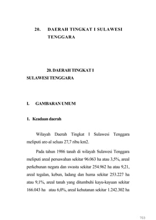20.

DAERAH TINGKAT I SULAWESI
TENGGARA

20. DAERAH TINGKAT I
SULAWESI TENGGARA

I.

GAMBARAN UMUM

1. Keadaan daerah
Wilayah Daerah Tingkat I Sulawesi Tenggara
meliputi are-al seluas 27,7 ribu km2.
Pada tahun 1986 tanah di wilayah Sulawesi Tenggara
meliputi areal persawahan sekitar 96.063 ha atau 3,5%, areal
perkebunan negara dan swasta sekitar 254.962 ha atau 9,21,
areal tegalan, kebun, ladang dan huma sekitar 253.227 ha
atau 9,1%, areal tanah yang ditumbuhi kayu-kayuan sekitar
166.043 ha atau 6,0%, areal kehutanan sekitar 1.242.302 ha

703

 