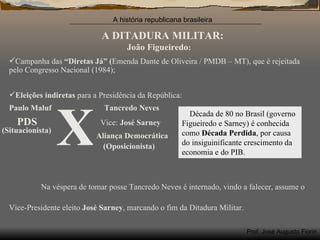 A DITADURA MILITAR: João Figueiredo : Campanha das  “Diretas Já” ( Emenda Dante de Oliveira / PMDB – MT), que é rejeitada pelo Congresso Nacional (1984); Eleições indiretas  para a Presidência da República: Paulo Maluf   Tancredo Neves PDS  Vice:  José Sarney Aliança Democrática Na véspera de tomar posse Tancredo Neves é internado, vindo a falecer, assume o Vice-Presidente eleito  José Sarney , marcando o fim da Ditadura Militar. X (Situacionista) (Oposicionista) A  Década de 80 no Brasil (governo Figueiredo e Sarney) é conhecida como  Década Perdida , por causa do insiguinificante crescimento da economia e do PIB. 