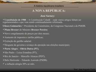 A NOVA REPÚBLICA: José Sarney : Constituição de 1988 –  A Constituição Cidadã – onde vários artigos faltam ser regulamentados e que vem sendo continuadamente reformada. Ulisses Guimarães  = Presidente da Constituinte, do Congresso Nacional e do PMDB. Plano Bresser  do Ministro  Bresser Pereira : Novo congelamento de preços por dois meses; Aumento de impostos e tarifas públicas; Extinção do gatilho salarial. Desgaste do governo e avanço da oposição nas eleições municipais: Porto Alegre  –  Olívio Dutra (PT) , São Paulo – Luiza Erundina (PT), Rio de Janeiro – Marcello Alencar (PDT), Belo Horizonte – Eduardo Azeredo (PSDB). a inflação atingia 30% ao mês. 