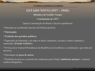 ESTADO NOVO (1937 – 1945): Ditadura de Getúlio Vargas. Constituição de 1937: Quarta Constituição do Brasil e terceira republicana. Baseada na constituição fascista da Polônia (polaca); Outorgada ; Extinção dos partidos políticos ; Supressão da federação e de todos os hinos, bandeiras, escudos e armas estaduais e municipais ( Estado Unitário ); O Executivo Federal (Presidência da República) de modificar a constituição e governar por decretos; Introdução da  pena de morte ; Proibição de greves e controle dos sindicatos pelo Estado ( sindicatos pelegos ) e imposto sindical obrigatório. 